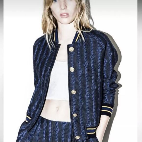 3.1 Phillip Lim Brocade Cable Print Varsity Bomber Black & Blue Jacket Size 4 - Picture 1 of 16
